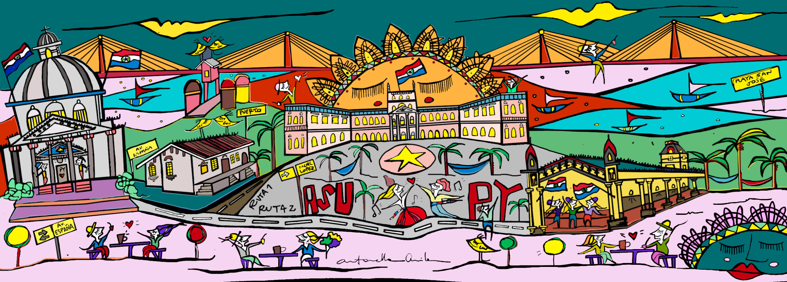 Ilustración de puntos importantes del Paraguay, utilizada para crear un rompecabezas. Se encuentran la estación de tren, la playa San José, el palacio, la Casa de la Independencia, el Panteón de los Héroes, entre otros. Arte, ilustración, pinturas.