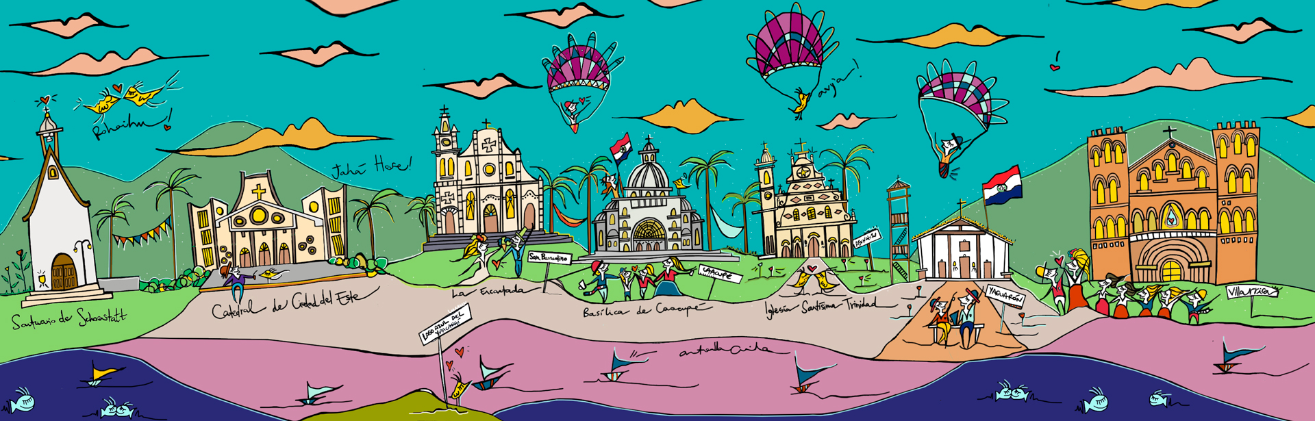 Ilustración de las Iglesias "Santuario de Schöenstatt", "Catedral de Ciudad del Este", "La Encantada", "Basilica de Caacupé", "Iglesia Santísima Trinidad", "Yaguarón" y "Villarrica" una a lado de la otra