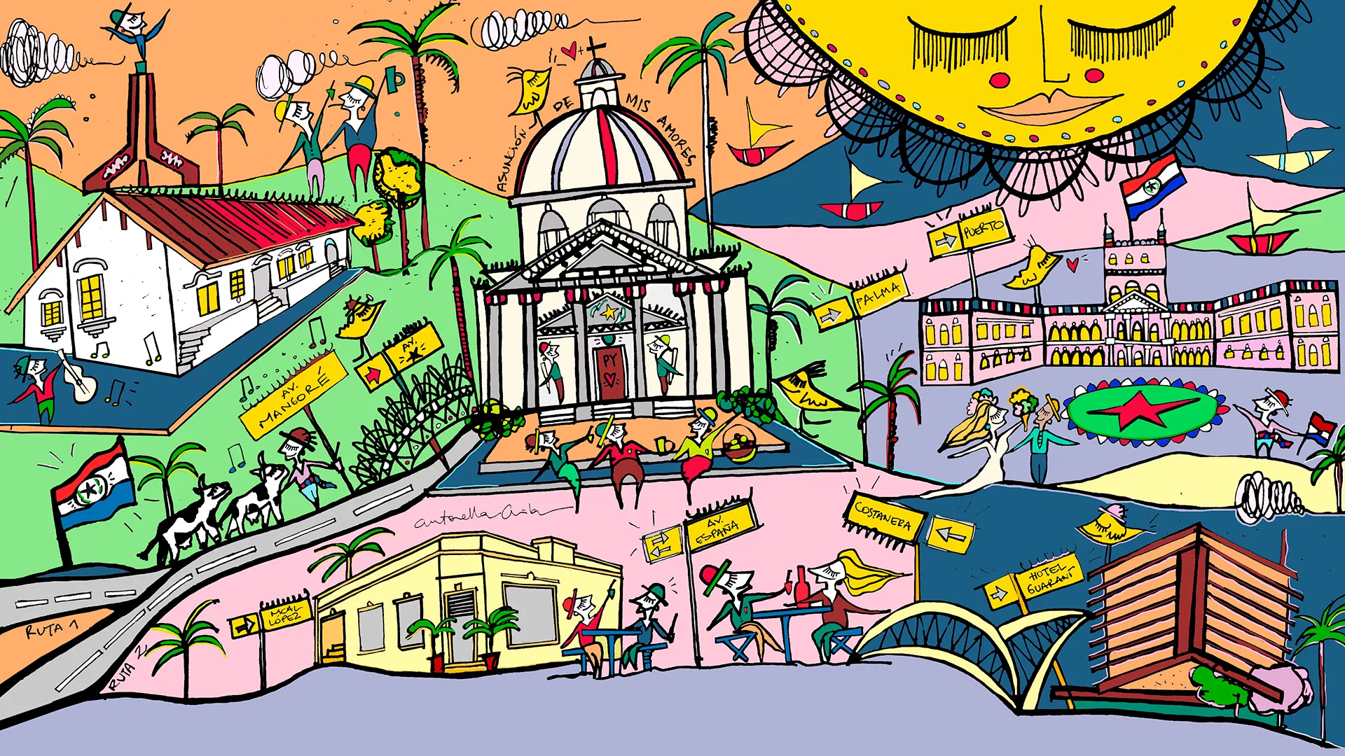 Ilustración de puntos importantes de Asunción como el Palacio de los Lopez, la Casa de la independencia, el Hotel Guarani, el antiguo Lido bar y el Panteón de los héroes