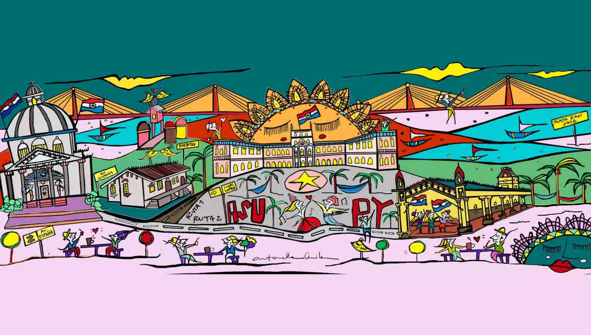 Ilustración de puntos importantes del Paraguay, utilizada para crear un rompecabezas. Se encuentran la estación de tren, la playa San José, el palacio, la Casa de la Independencia, el Panteón de los Héroes, entre otros. Arte, ilustración, pinturas.