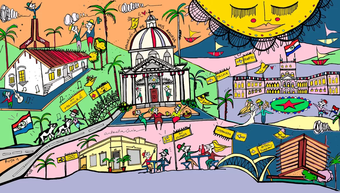 Ilustración de puntos importantes de Asunción como el Palacio de los Lopez, la Casa de la independencia, el Hotel Guarani, el antiguo Lido bar y el Panteón de los héroes