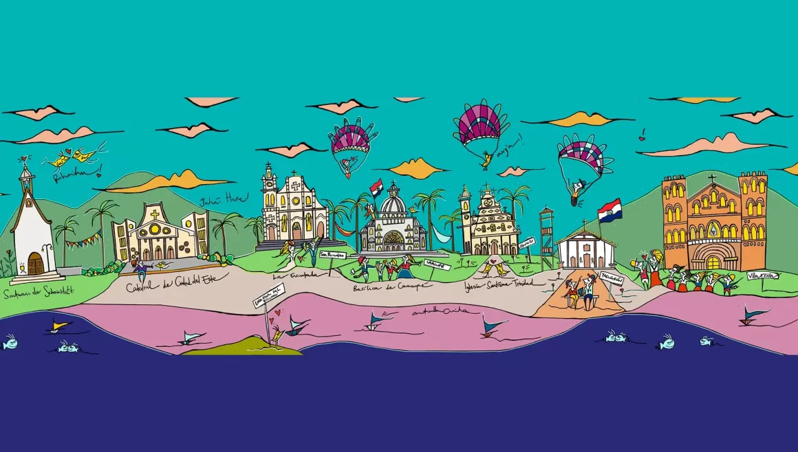 Ilustración de las Iglesias "Santuario de Schöenstatt", "Catedral de Ciudad del Este", "La Encantada", "Basilica de Caacupé", "Iglesia Santísima Trinidad", "Yaguarón" y "Villarrica" una a lado de la otra